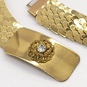 Vintage Women's Gold Fish-Scale Stretchy Belt Metal Buckle Rhinestone Accent
